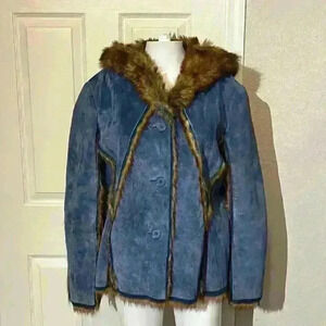 The LOOK Randolph Duke Womens Suede & Faux Fur Blue Fox Jacket Hood Size Large